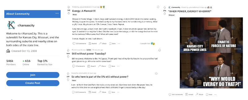 Collection of screenshots of Reddit threads relating to KC's power outage.
